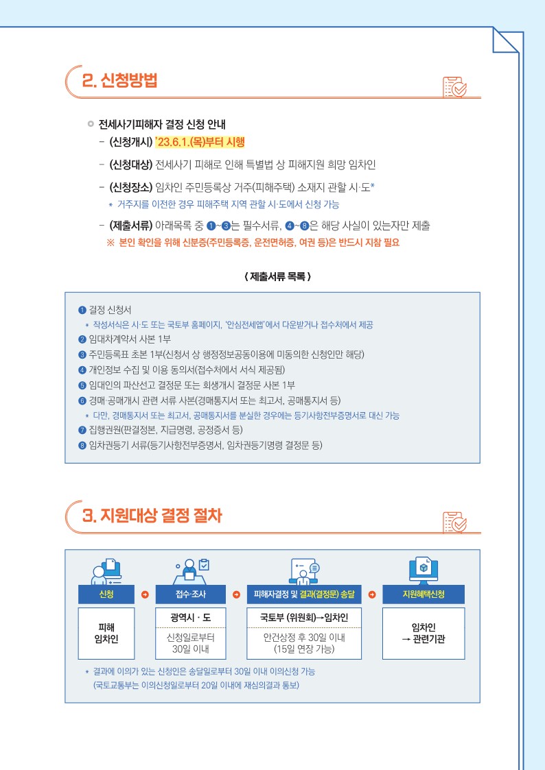 2. 신청방법   전세사기피해자 결정 신청 안내     - (신청개시) ’23.6.1.(목)부터 시행     - (신청대상) 전세사기 피해로 인해 특별법 상 피해지원 희망 임차인     - (신청장소) 임차인 주민등록상 거주(피해주택) 소재지 관할 시·도*     ＊ 거주지를 이전한 경우 피해주택 지역 관할 시·도에서 신청 가능     - (제출서류) 아래목록 중 ❶~❸는 필수서류, ❹~❽은 해당 사실이 있는자만 제출     ※ 본인 확인을 위해 신분증(주민등록증, 운전면허증, 여권 등)은 반드시 지참 필요      < 제출서류 목록 >     ➊ 결정 신청서 ＊ 작성서식은 시·도 또는 국토부 홈페이지, ‘안심전세앱’에서 다운받거나 접수처에서 제공     ➋ 임대차계약서 사본 1부     ❸ 주민등록표 초본 1부(신청서 상 행정정보공동이용에 미동의한 신청인만 해당)     ❹ 개인정보 수집 및 이용 동의서(접수처에서 서식 제공됨)     ❺ 임대인의 파산선고 결정문 또는 회생개시 결정문 사본 1부     ❻ 경매·공매개시 관련 서류 사본(경매통지서 또는 최고서, 공매통지서 등) ＊ 다만, 경매통지서 또는 최고서, 공매통지서를 분실한 경우에는 등기사항전부증명서로 대신 가능     ❼ 집행권원(판결정본, 지급명령, 공정증서 등)     ❽ 임차권등기 서류(등기사항전부증명서, 임차권등기명령 결정문 등)    3. 지원대상 결정 절차   신청→접수·조사→ 피해자결정 및 결과(결정문) 송달→지원혜택신청   ＊ 결과에 이의가 있는 신청인은 송달일로부터 30일 이내 이의신청 가능     (국토교통부는 이의신청일로부터 20일 이내에 재심의결과 통보)
