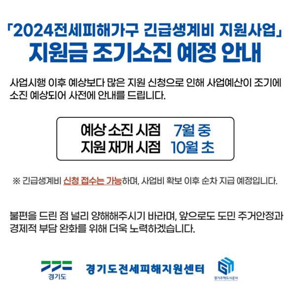 「2024전세피해가구 긴급생계비 지원사업」 지원금 조기소진 예정 안내, 사업시행 이후 예상보다 많은 지원 신청으로 인해 사업예산이 조기에 소진 예상되어 사전에 안내를 드립니다. 예상 소진 시점 7월 중, 지원 재개 시점 10월 초, ※ 긴급생계비 신청 접수는 가능하며, 사업비 확보 이후 순차 지급 예정입니다. 불편을 드린 점 널리 양해해주시기 바라며, 앞으로도 도민 주거안정과 경제적 부담 완화를 위해 더욱 노력하겠습니다. 경기도전세피해지원센터, 경기도, 경기주택도시공사