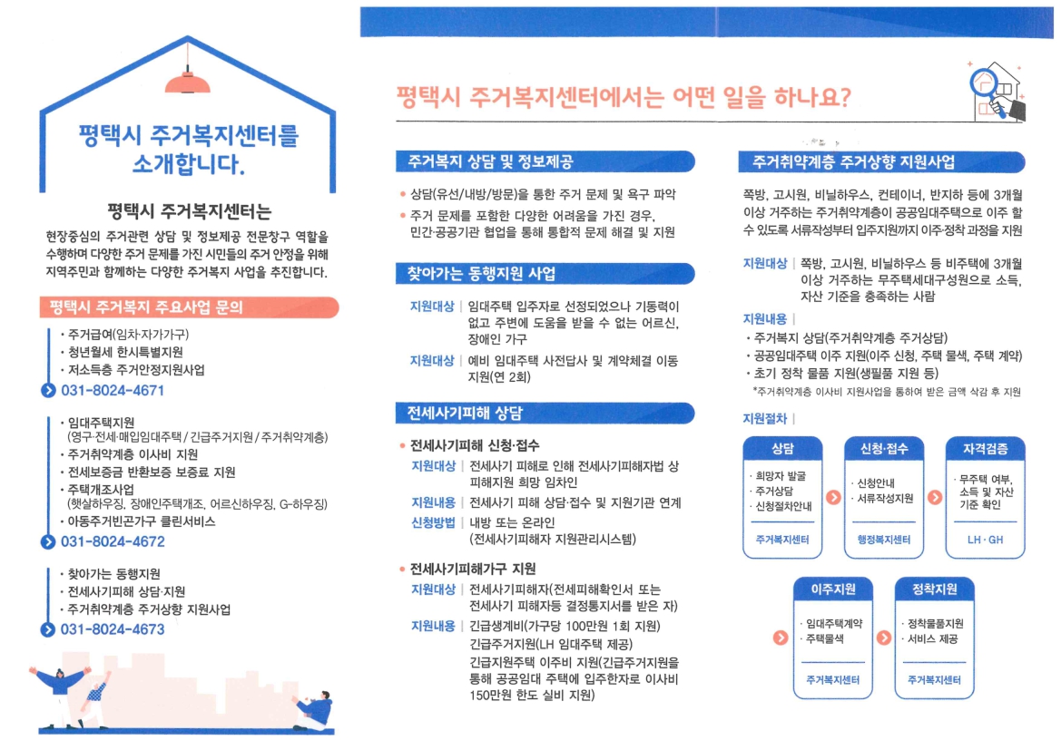 평택시 주거복지센터 주요사업 안내 이미지 - 주거복지 상담 및 정보제공, 찾아가는 동행지원 사업, 전세사기피해 상담, 주거취약계층 주거상향 지원사업
